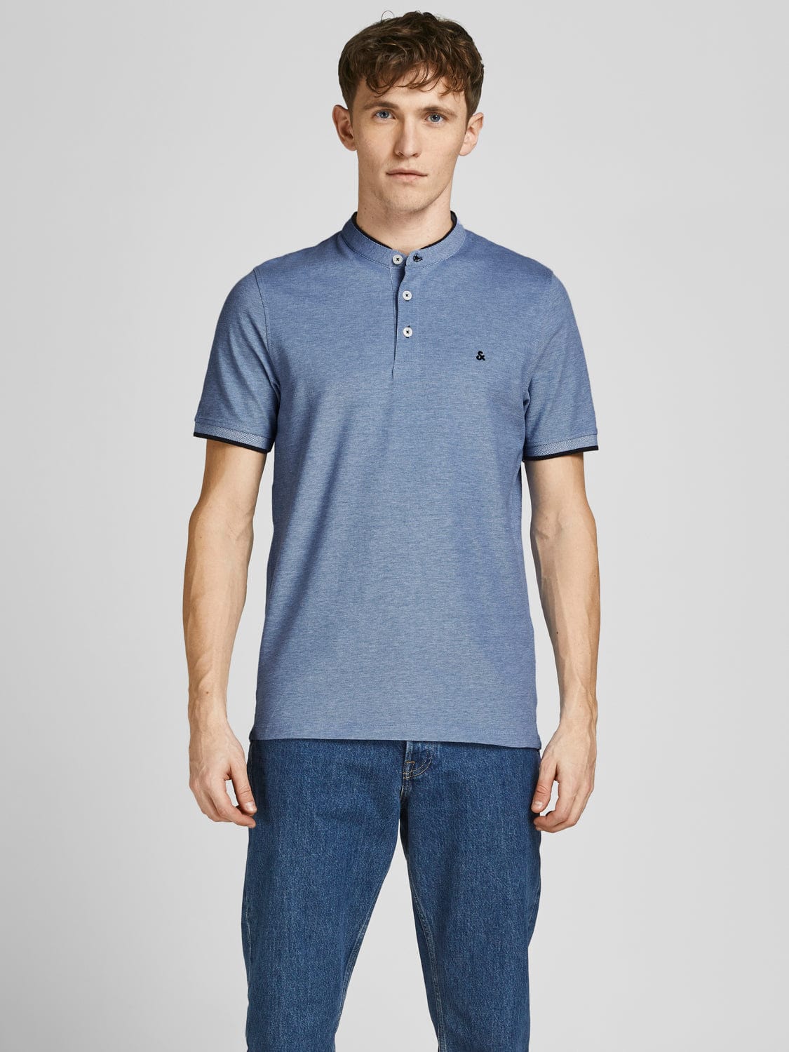Polo básico de cuello mao azul JJEPAULOS MAO POLO SS NOOS